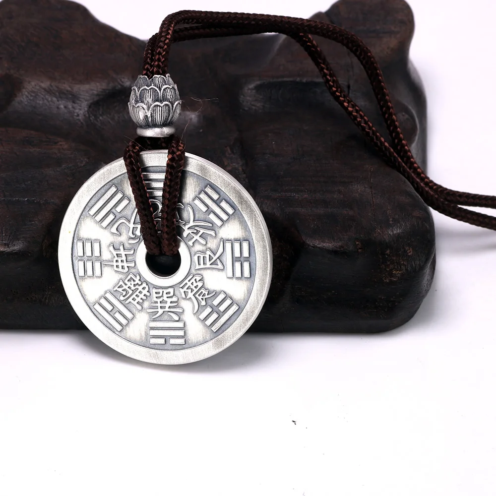 Настоящее 925 пробы, серебряное ожерелье с подвеской в виде сплетен Багуа для женщин и мужчин, ретро античный матовый амулет, веревочное ожерелье, ювелирные изделия фэн-шуй