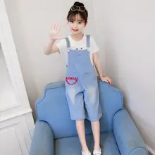 Для маленьких девочек джинсовые комбинезоны, шорты летние Новые Детские печати джнисовая пуговица и дизайн для детей Свободный комбинезон в ковбойском стиле Короткие штаны Y902