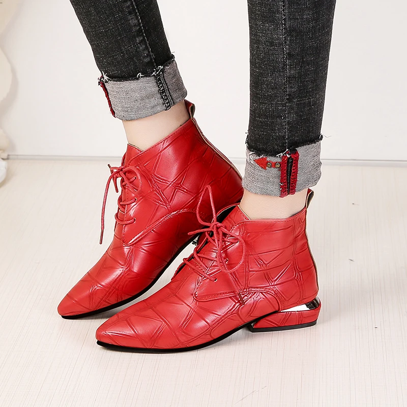 

Lucyever 2019 New Spring Women Fashion Motorcycle Boots Lace-up Soft Leather Ankle Boots Thick Heels Botas Mujer Black Red