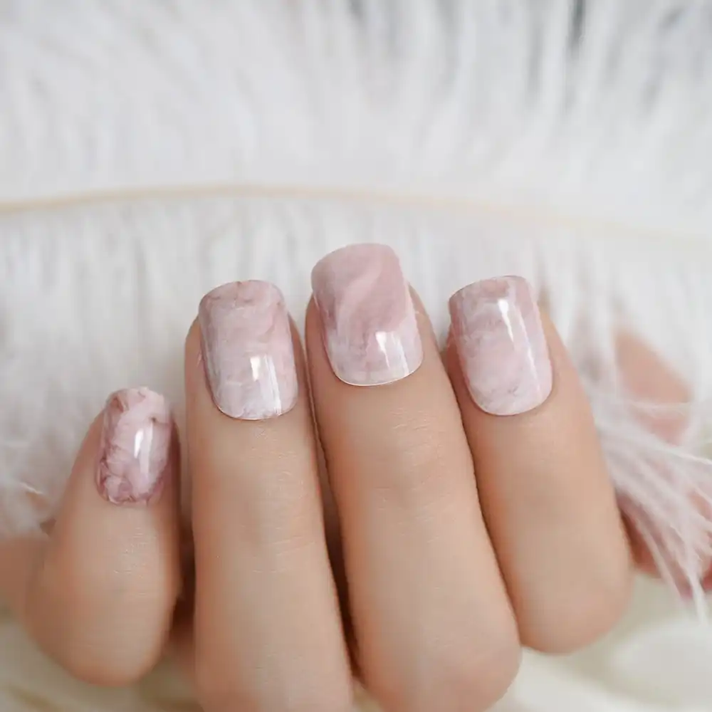24Pcs Pre,designed Fake Nails Short Pink Marble False Nail Full Cover Square Elegant UV Gel Polish Manicure Salon Product Z960