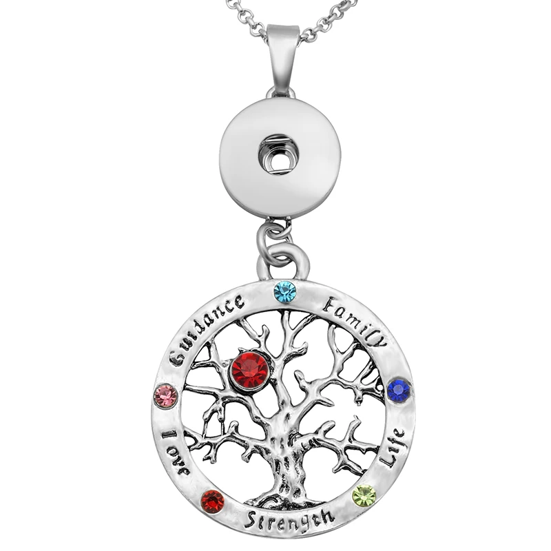 

New Fashion Silver/Golden Hollow Family Tree rhinestone pendant snap necklace fit 18mm snap buttons snap jewelry XL0131