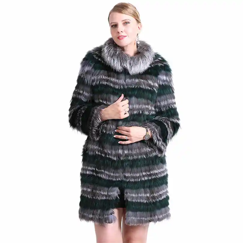 Женская Шуба с натуральным мехом серебристой лисы 90 см, вязаная пушистая шуба из лисьего меха, длинная куртка с теплым воротником, женская верхняя одежда, новая женская одежда - Цвет: 3