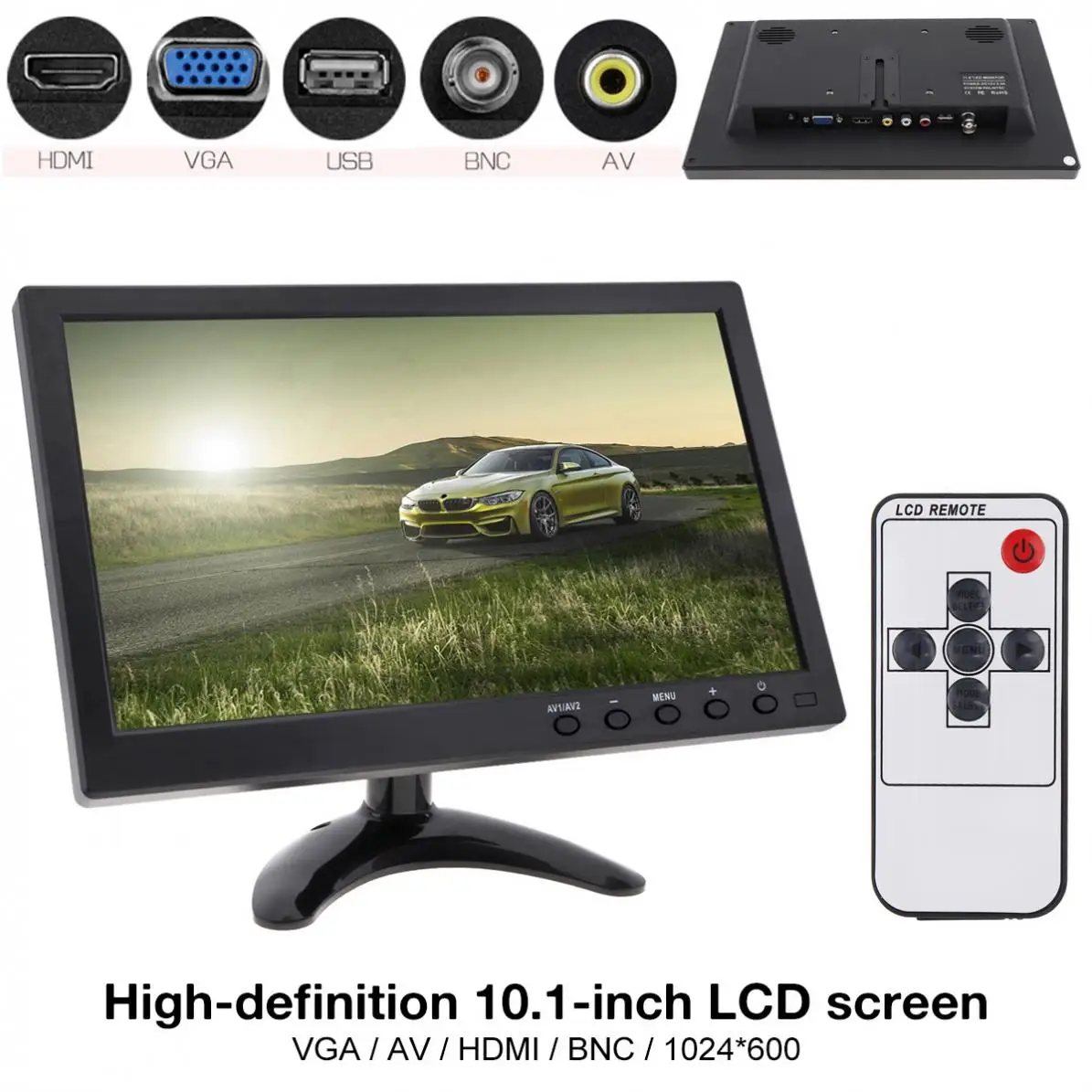  10.1 Inch HD IPS TFT LCD Car Monitor Mini TV Computer 2 Channel Video Input Security Monitor with S