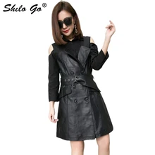 Кожаные пальто женские летние модные овчины Натуральная кожа длинное пальто плеча воротник двубортный пояса пальто