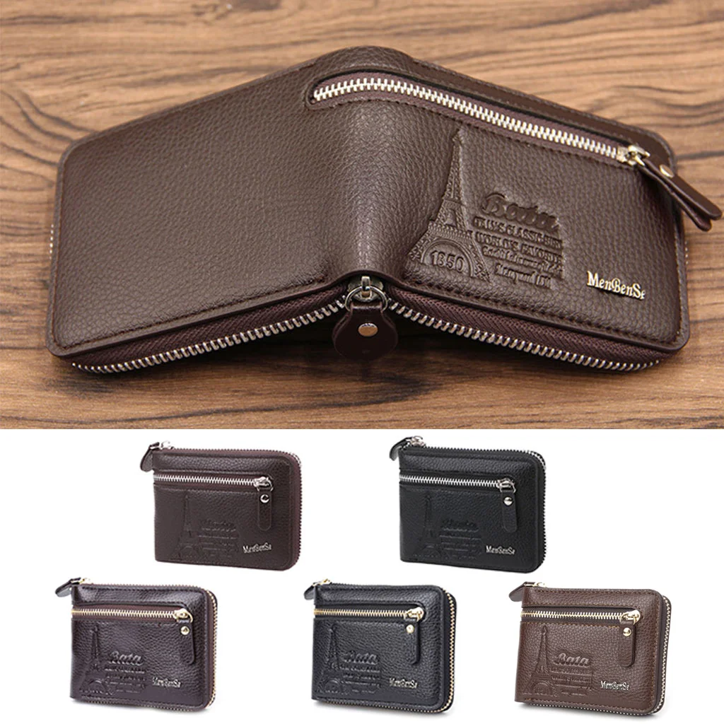 

New Design Multi-function Faux Leather Mini Wallet ID Card Key Holde ZipperTwo-Fold Retro PU Purse Bag Pouch