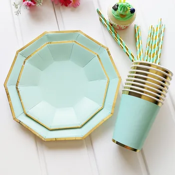 

Mint Green Pink Foil Gold Party Plates Cup Supplies Disposable Tableware Set Paper Straws Fork For Summer Party Wedding Baptism