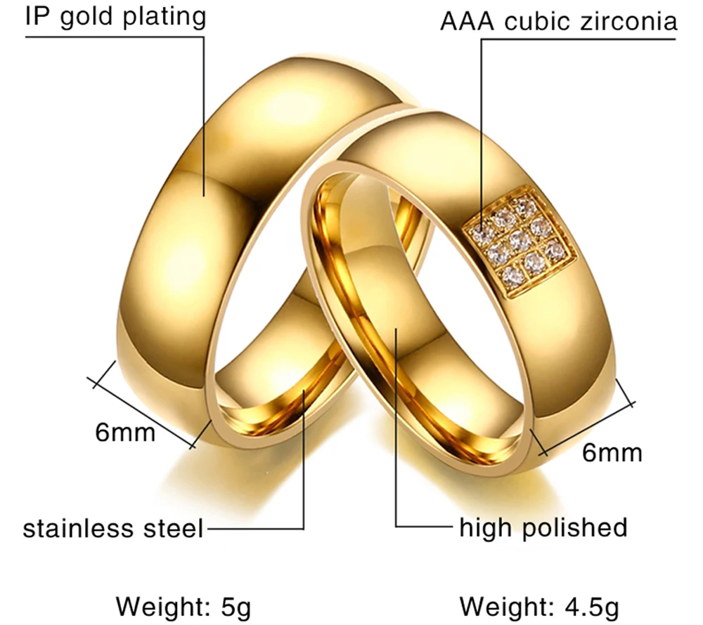 TTVOVO обручальное кольцо с кубическим цирконием CZ каменные кольца для мужчин и женщин из нержавеющей стали золотого цвета обещание на помолвку Браслеты Ювелирный ПОДАРОК