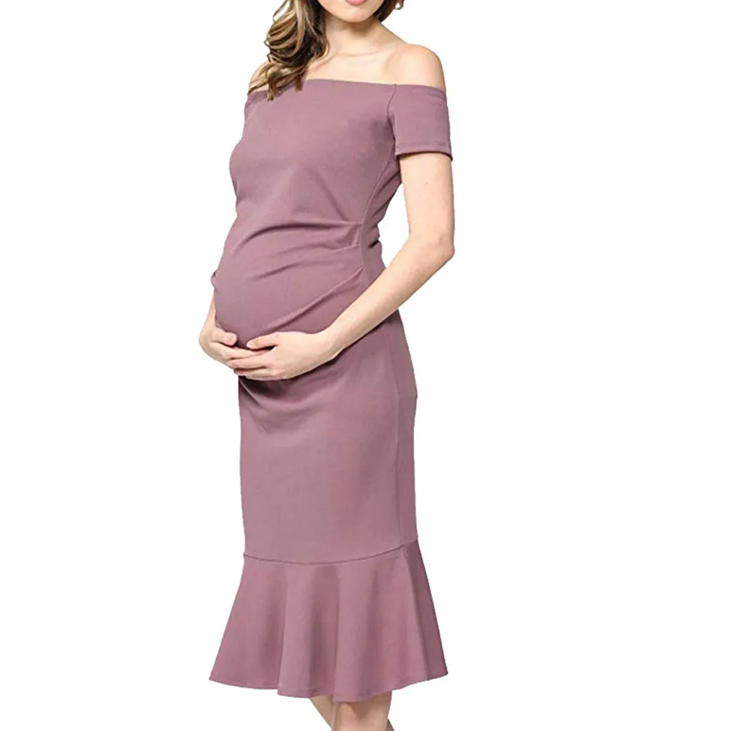 Жаркое лето Для женщин беременности и родам Pregnanty с открытыми плечами с коротким рукавом и оборками летнее однотонное платье для мамы и
