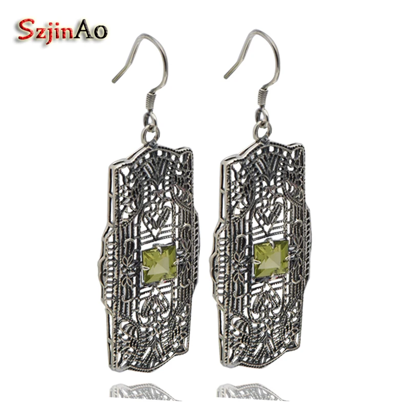 

Szjinao Fashion Pure 100% 925 Sterling Silver Earrings For Women Gifts Olivine Peridot Personality Earring Wholesale