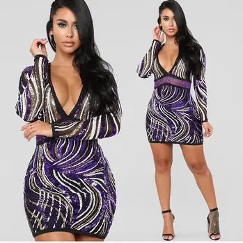

Hot Sale New Style Fashion 2018 Sexy Women Dress Deep V-neck Sequined Night Club Celebrity Body Con Elegant Dresses wholesale