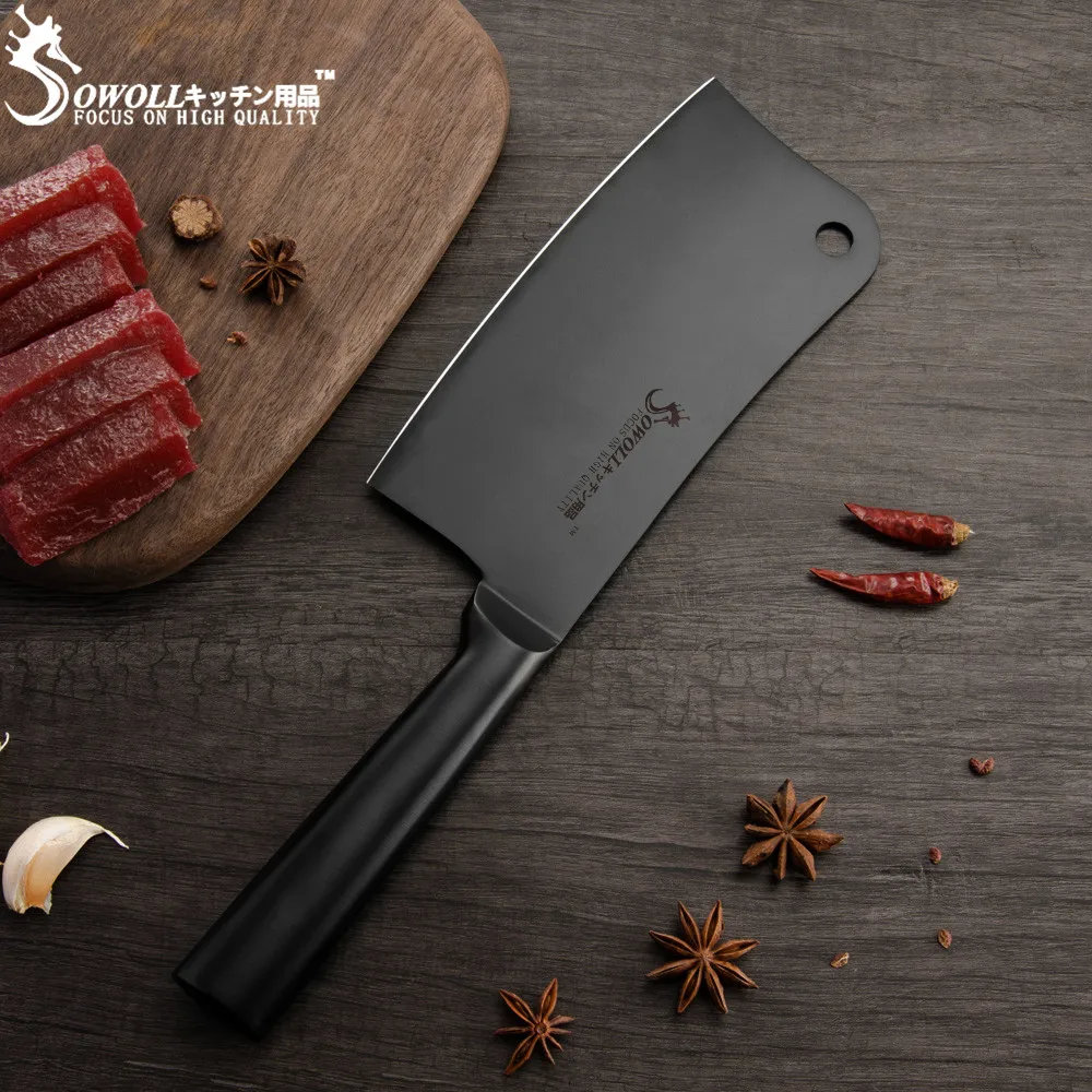 SOWOLL разделочный нож Santoku Nakiri, набор кухонных ножей из нержавеющей стали 3Cr13 с черным лезвием, кухонные принадлежности