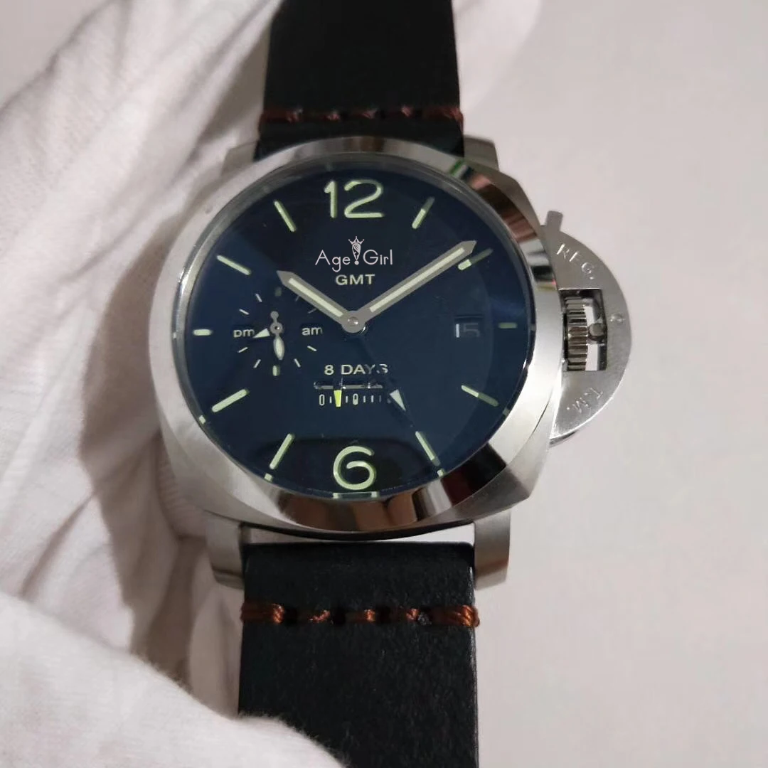 

Luxury Brand New Men Automatic Mechanical Sapphire Stainless Steel Black Leather GMT 8 Days Watch Green Dial Luminous Watches