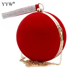 YYW-Bolso de mano único de terciopelo para Mujer, bolsa de mano de hombro rojo, esférico, de noche, Bolso pequeño con cadena para hombro