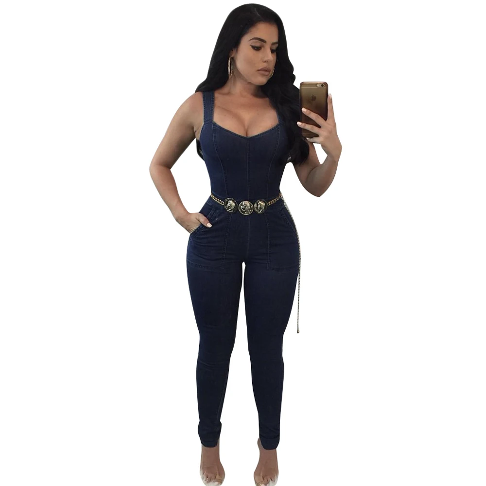 Sexy Women Jeans Jumpsuit Strap Sleeveless Pockets Denim Rompers