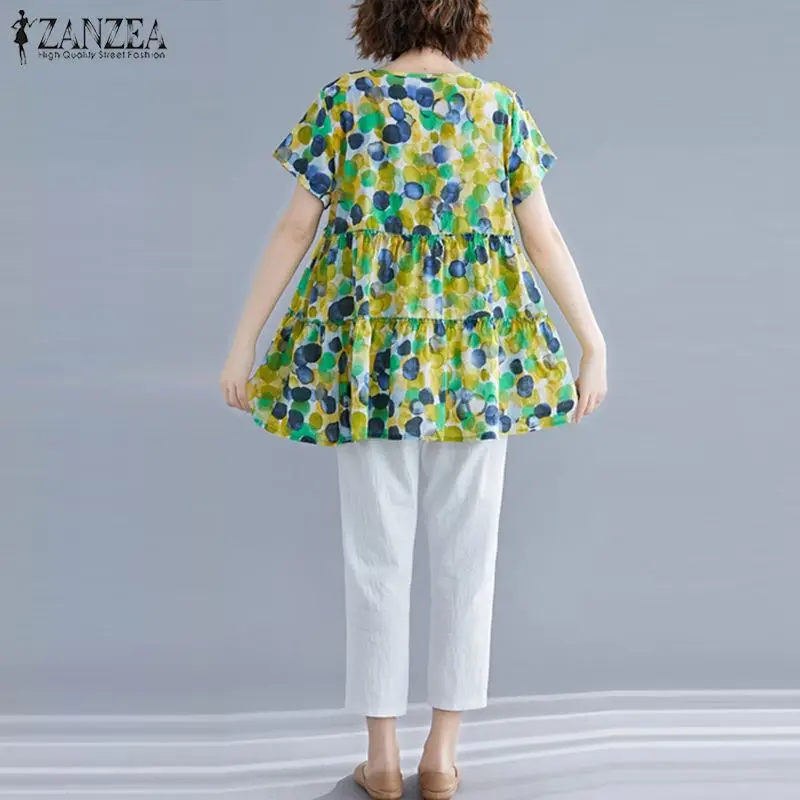 2019 ZANZEA النساء قمصان مكشكشة عارضة الصيف تونك قمم قصيرة الأكمام بلوزة الإناث فضفاض البوهيمي الزهور المطبوعة Blusas موهير