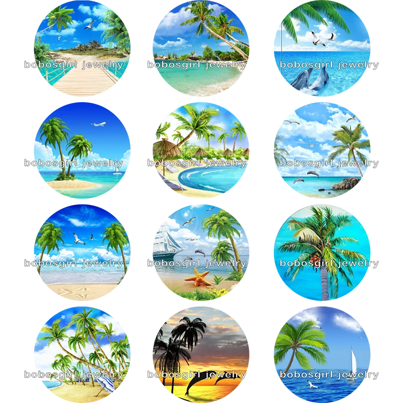 

Beach coconut tree dolphins glass snap button photo Round cabochon flat back Gl6602