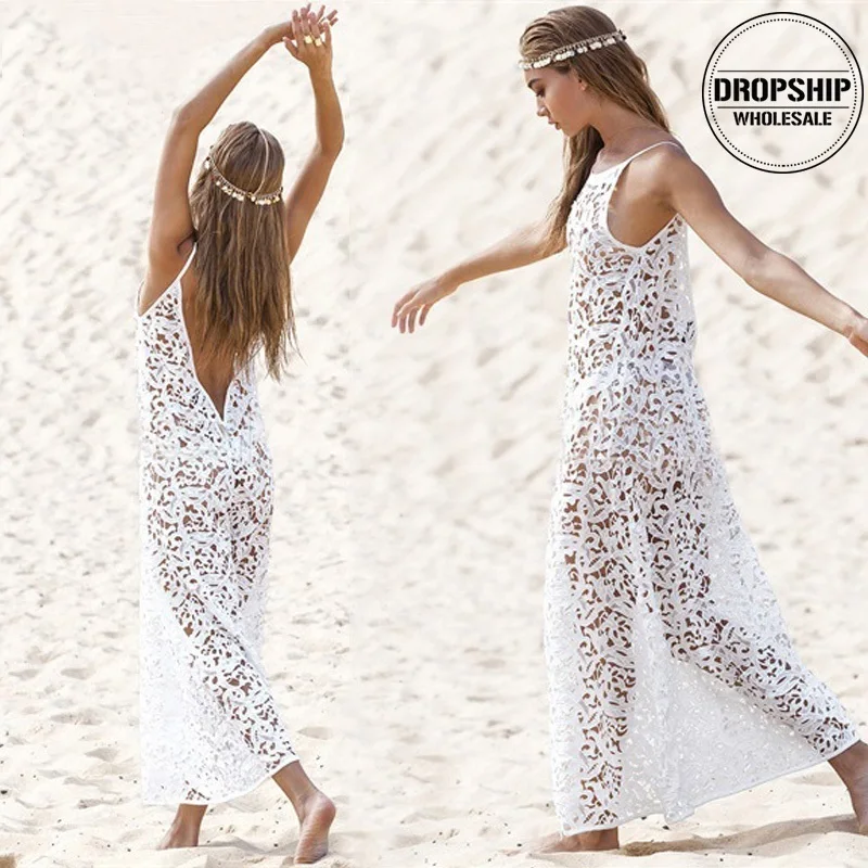 

2019 Sexy Bikini Cover Up for Women Lace Beach Tunic Graceful White Embroider See-through Dress Swimsuit Cover-up Beachwear 2XL