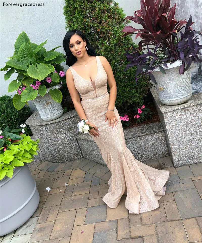 Rose Gold Sequin Mermaid Bridesmaids Dresses Formal Wedding Guest Gowns V Neck With Beaded Sash Arabic Dubai Evening Prom Dress  108 (5)