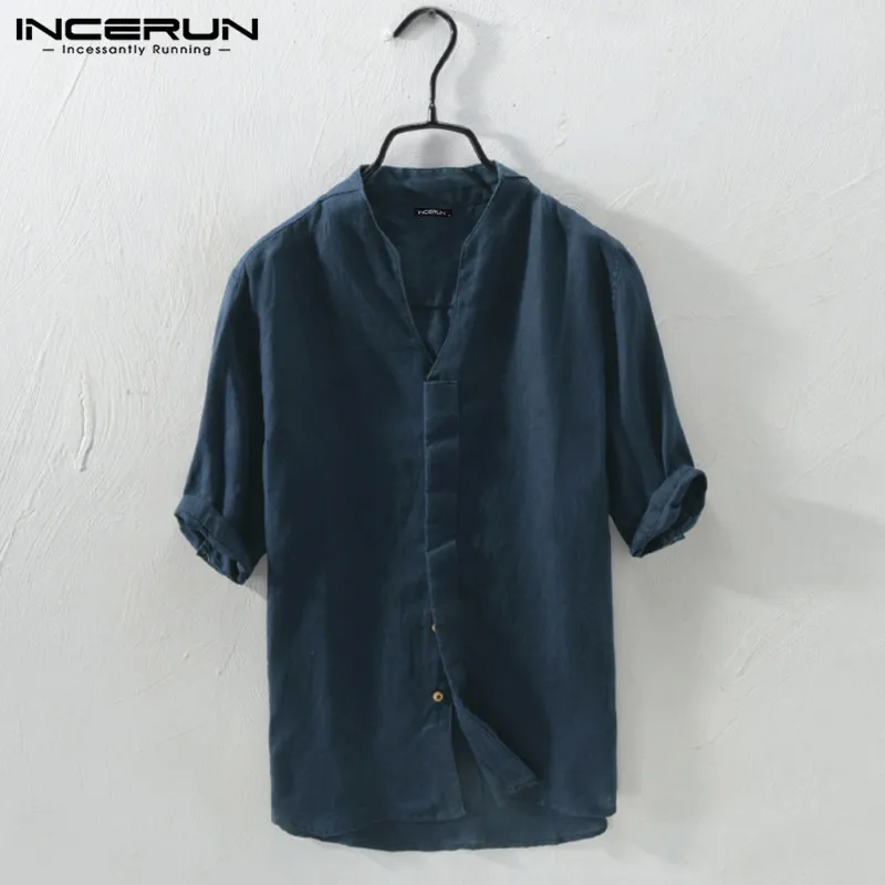 INCERUN тонкая секция Новая мужская рубашка с коротким рукавом и стоячим воротником Однотонная рубашка с коротким рукавом Мужская свободная ретро-рубашка - Цвет: Navy