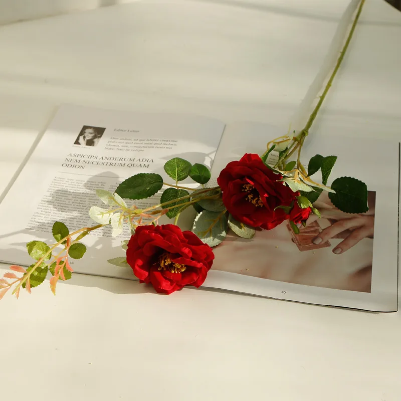 Длинные Красивые розы Пион искусственный шелк Гибискус цветок маленький букет Флорес домашние вечерние Свадебные украшения Свадебные цветы - Цвет: Красный