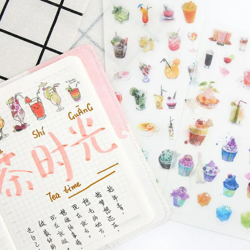 

6 pieces / tea time student stationery Pvc transparent sticker cartoon outdoor decoration Diy diary album stickers supplies
