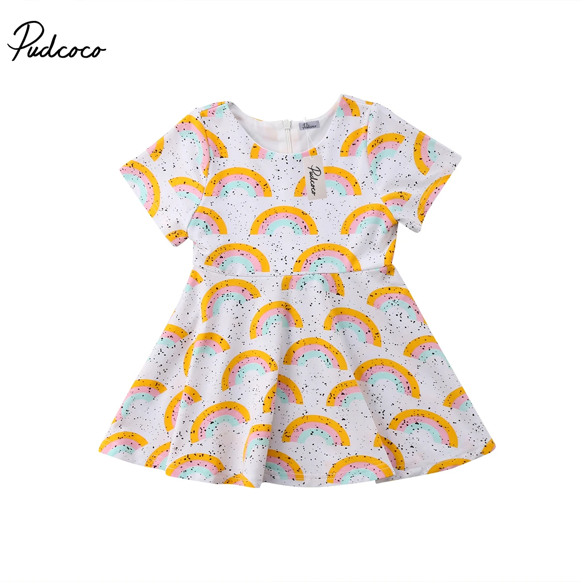 

2018 Newborn Toddler Kids Baby Girl Rainbow Short Sleeve Dress Above The Knees Dresses Outfits Summer Costumes
