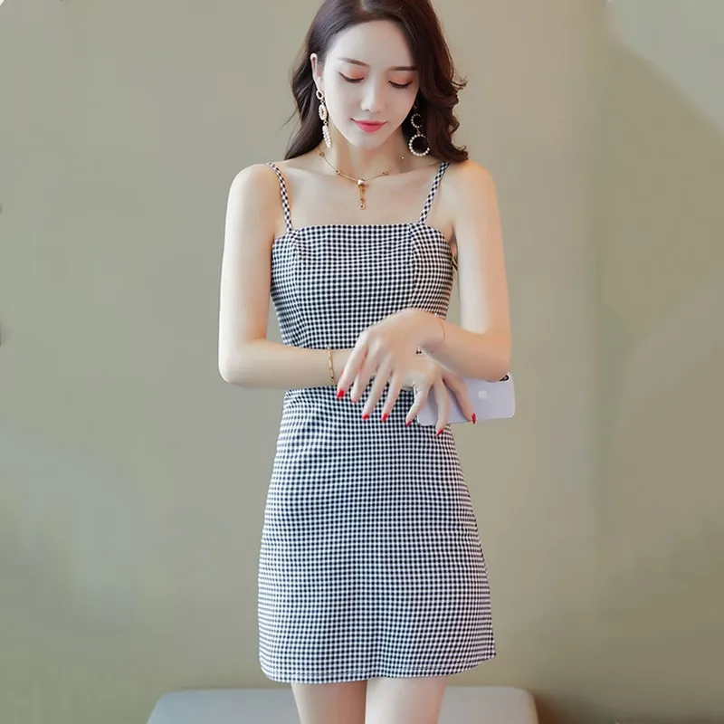 

Women's dress 2019 new fashion sexy slim check strap temperament dress
