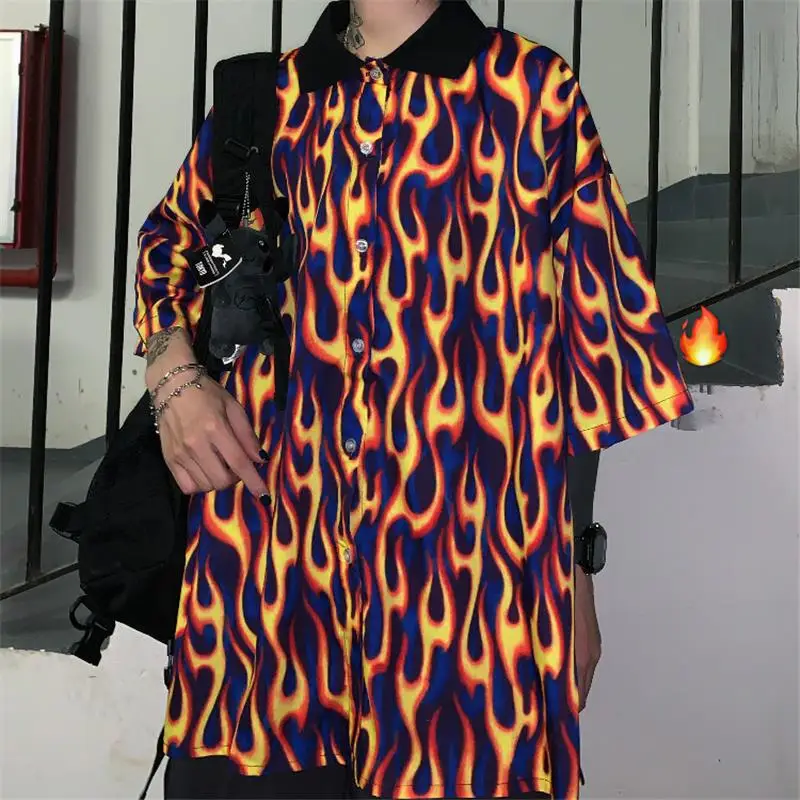 

Harajuku Summer Shirts Women Street Flame Printed Short Sleeve Loose Blouse 2019 New Fashion Bf Casual Hip Hop Shirts Unisex