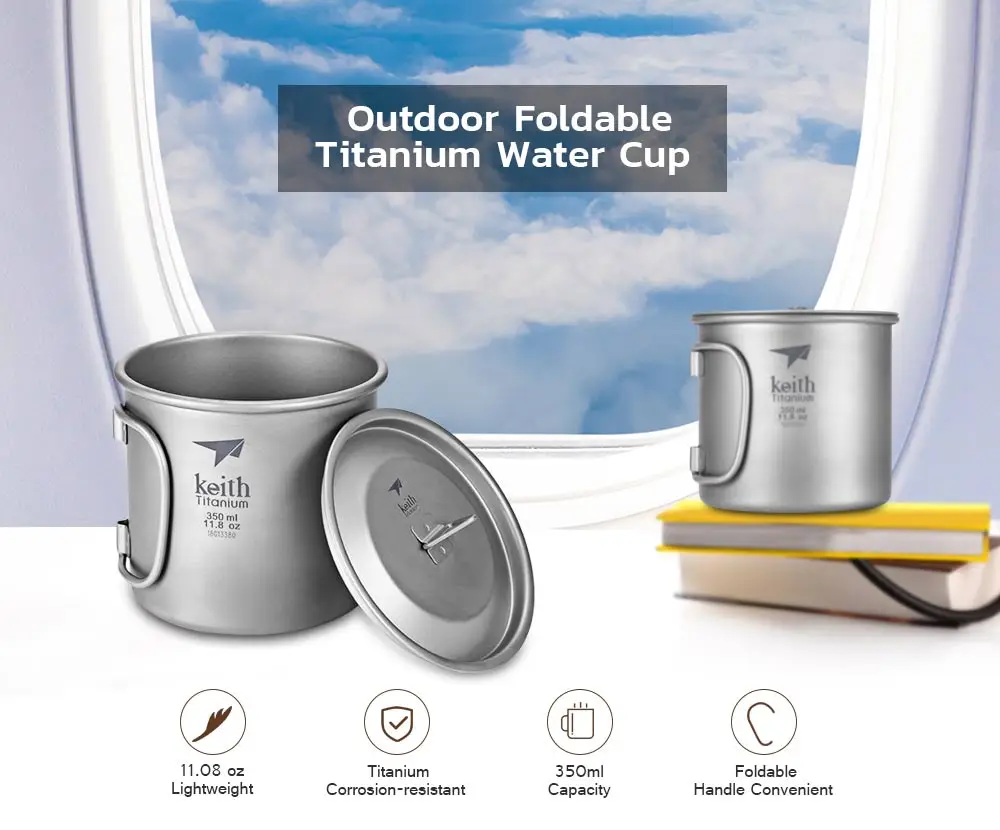 Keith Ti3240 Outdoor Drinkware Foldable Handle Titanium Cup with Cover