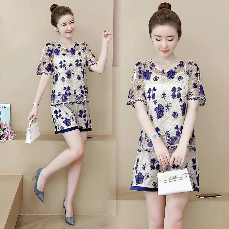 

Lace Co-ord Set Festival Clothing Women Two Piece Outfits Plus Size Large Big Short Pant Top Embroidery Off Shoulder 2019 Summer