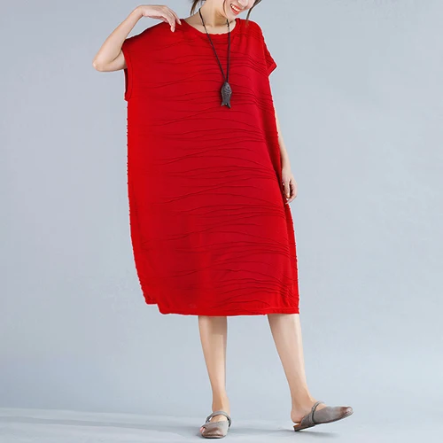 Большие размеры, летние женские платья, винтажное хлопковое повседневное однотонное платье-футболка с принтом, длинное модное платье с круглым вырезом размера плюс 4XL, костюм - Цвет: Красный