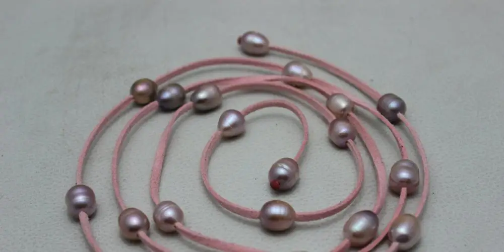 

pink Leather Natural colors purple freshwater pearl necklace 48"no metal a(5.18)