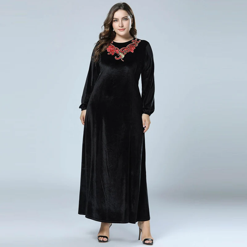 

Plus Size Women Vintage Velvet Abaya Muslim A Line Dress Dubai abayas Long Sleeve Caftan islamic dresses Black vestido 4XL