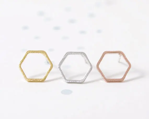 Gold Silver Pink Gold Hexagon Stud Earrings