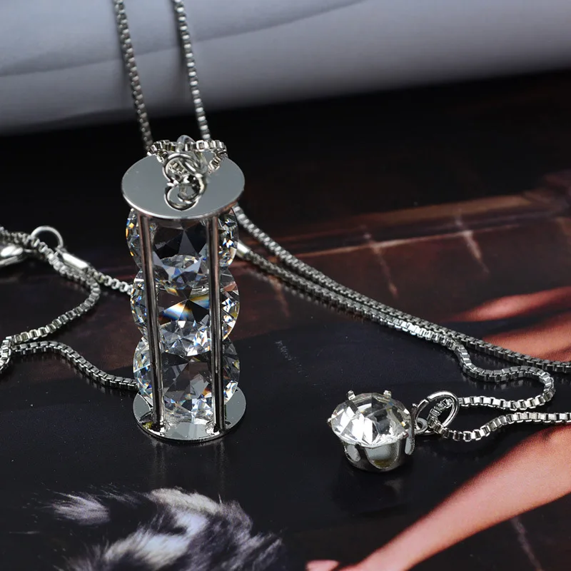 Простой дизайн цилиндрический кристалл кулон ожерелье серебро двойные цепи AAA циркон многослойное Ожерелье Длинная женская цепочка для свитера