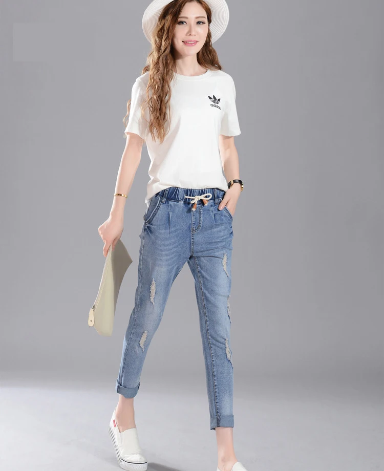 Женские шаровары летние модные джинсовые штаны женские со средней посадкой рваные джинсы с завязками для леди брюки длиной до щиколотки