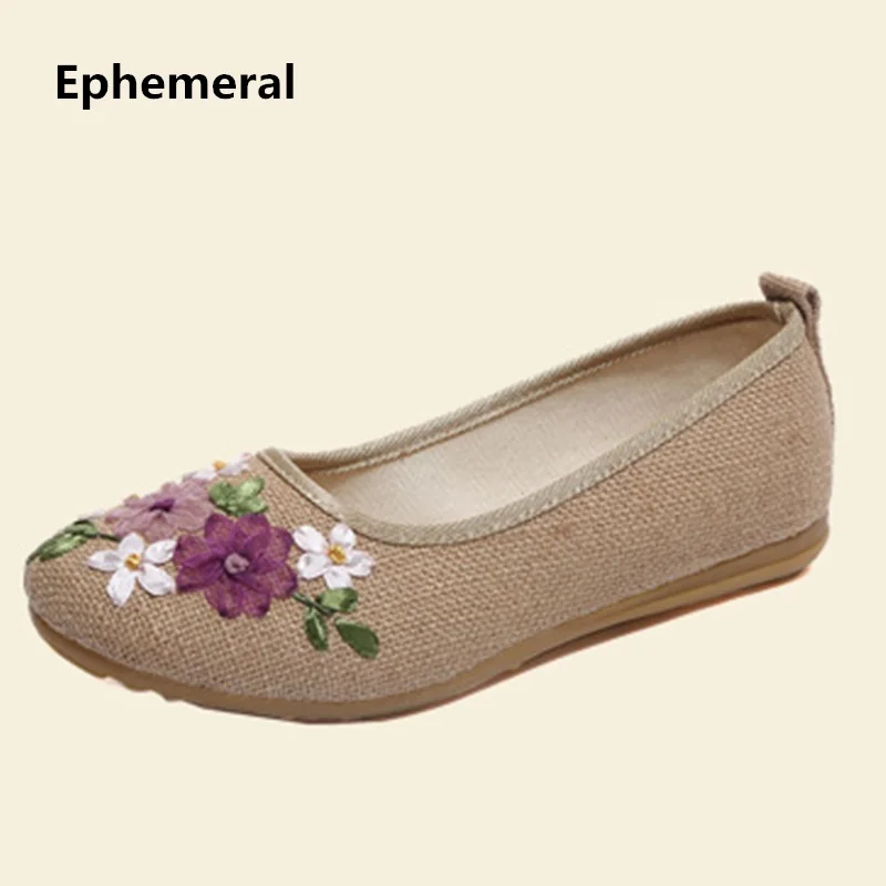 Ladies Cotton Fabric Hemp Shoes Breathable Flowers Flats Round Toe