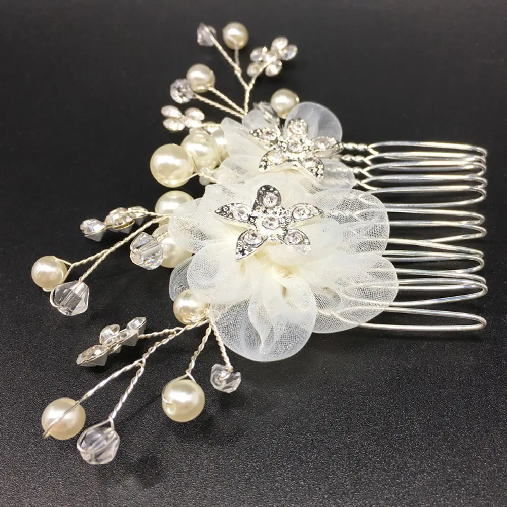 Luxury Bridal Hair Accessories Wedding Hair Comb Silver-Tone Rhinestone Artificial Flower Hair Comb Wedding Headpiece