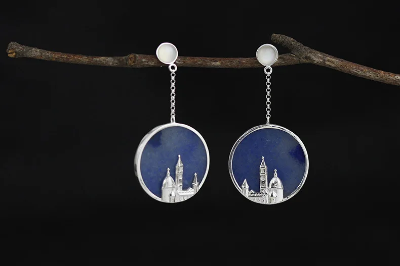 

LiiJi Unique Natural Stone Blue Aventurine White Moonstone Vintage Florence Cathedral 925 Sterling Silver Earring