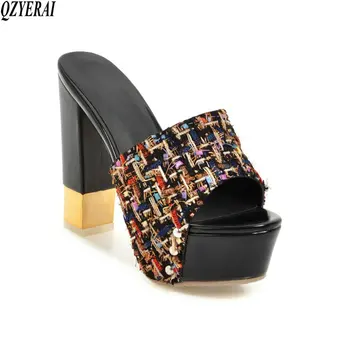 

QZYERAI New slippers 2018 fashionable high-heeled slippers European women's shoes fat water platform women shoes casual style
