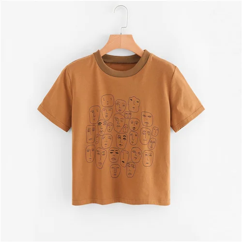 ROMWE футболка с мультяшным портретным принтом летняя Удобная футболка цвета хаки с короткими рукавами простая женская одежда повседневные топы - Цвет: Хаки