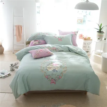 

60S Egyptian cotton embroidered Duvet Cover set Noble modern Bedding set king queen size blue green white bed sheet set pilow 36