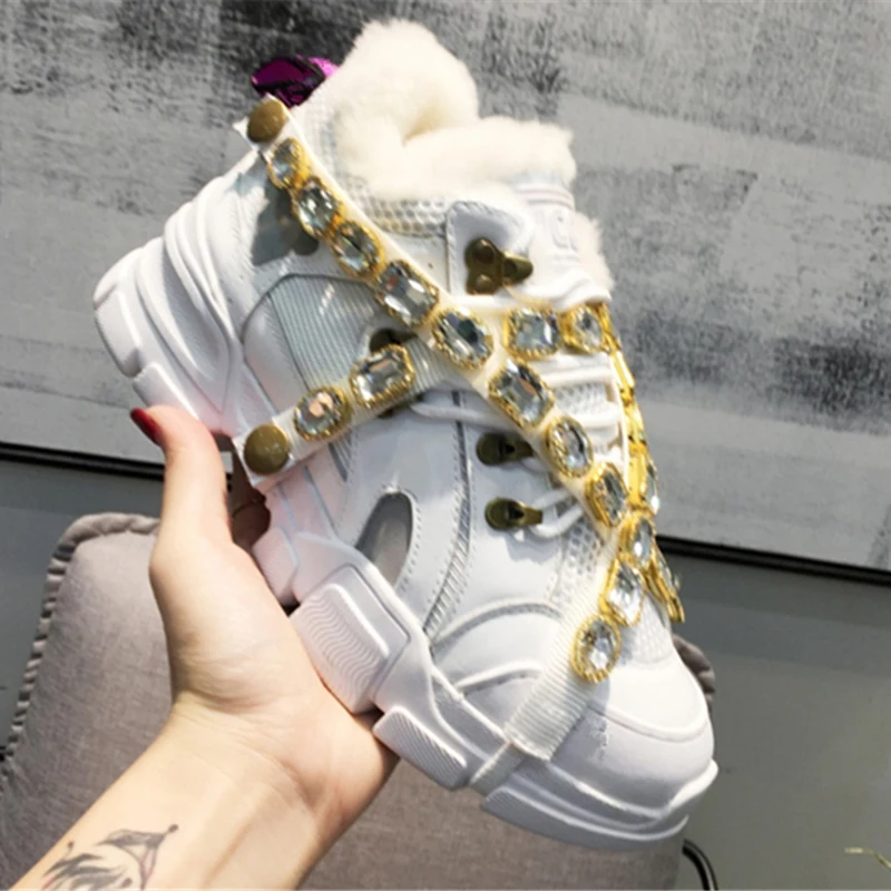 

Luxury Brand Design Animal Fur Women Sneakers Glitter Luxury Crystal Belt Trainers Women Unisex Genuine Leather Thick Heel Shoes