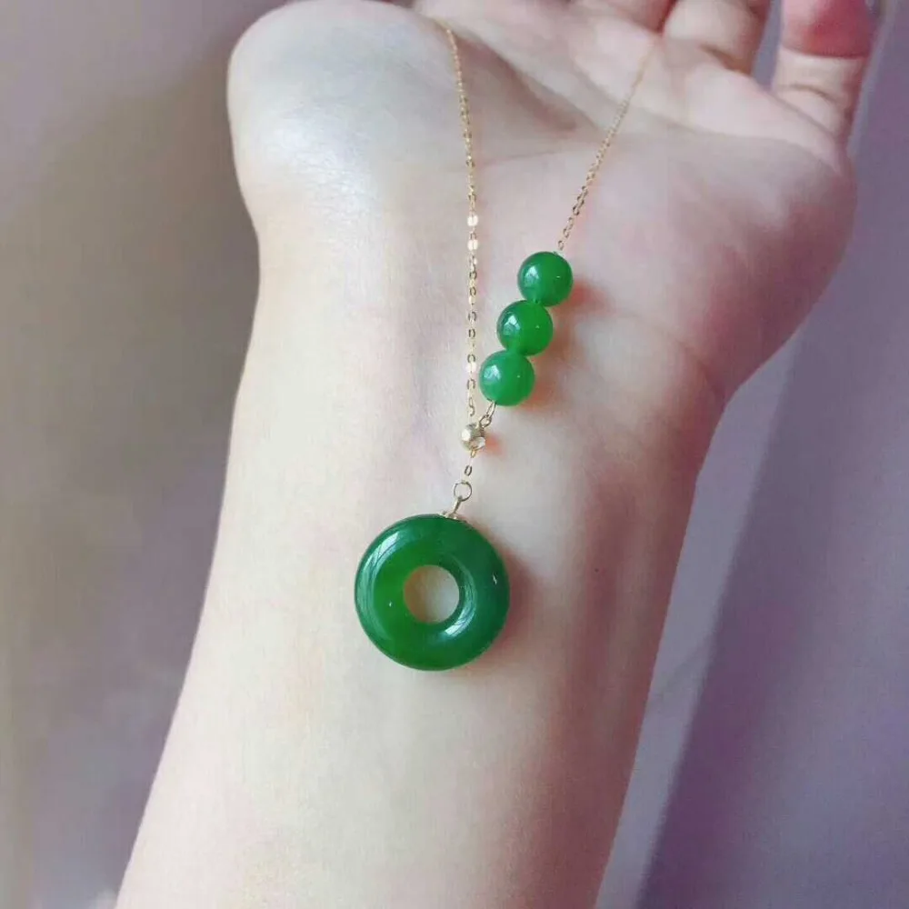 

Zheru Jewelry Only Pure 18k Gold Inlay Natural Hetian Jasper Spinach Green 8mm Round Beads Donut Pendant Necklace Gift