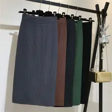 Длинная трикотажная юбка средней длины, Женская одноступенчатая юбка с завышенной талией, осенне-зимняя юбка в стиле хип-хоп, шерстяные юбки с открытым носком