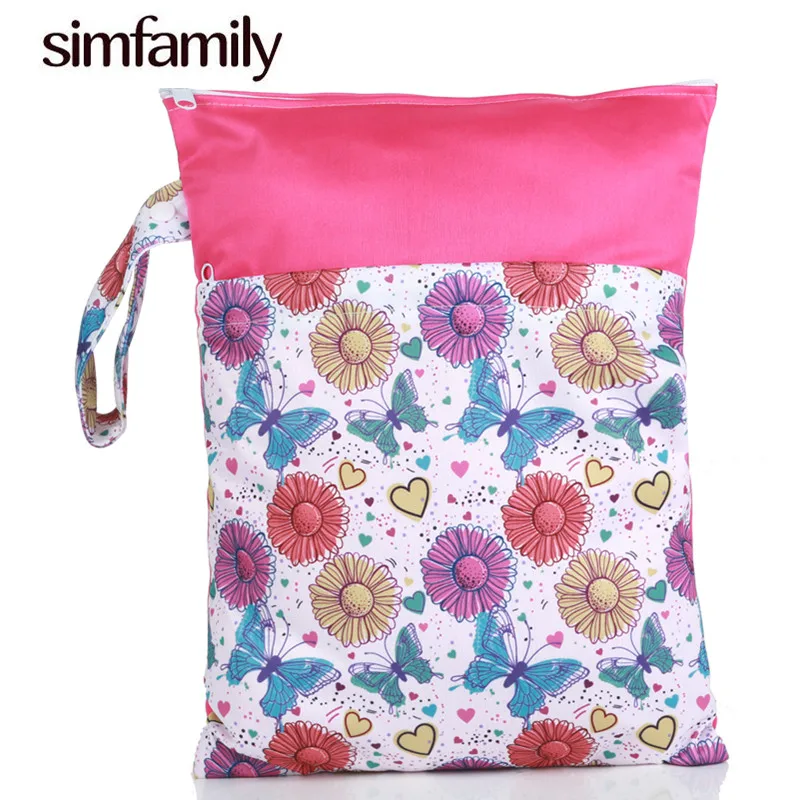 

[simfamily]1PC Reusable Water resistant 3Dprinted PUL Bolso Wet Dry Diaper Bag Double Pocket Cloth Handle Wetbags 28x36CM