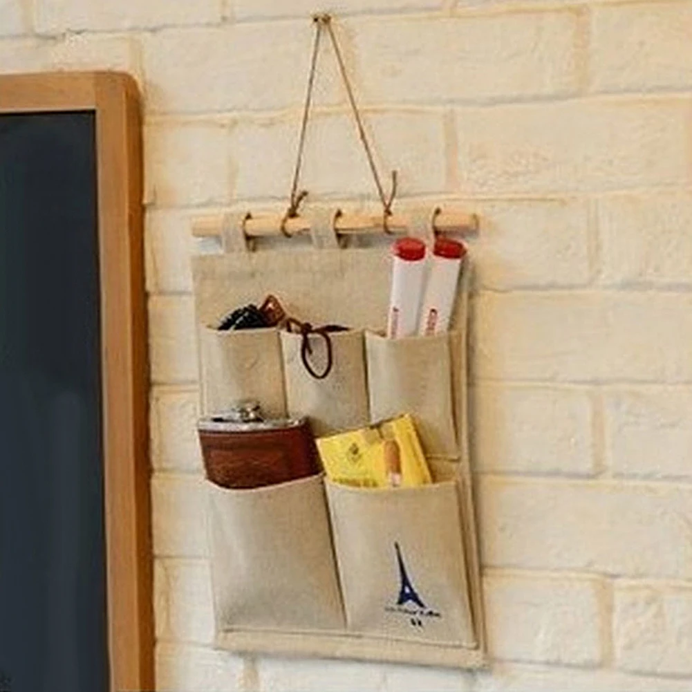 

Home Organizer 5 Pockets Eiffel Tower Cotton Linen Wall Hanging Storage Bag