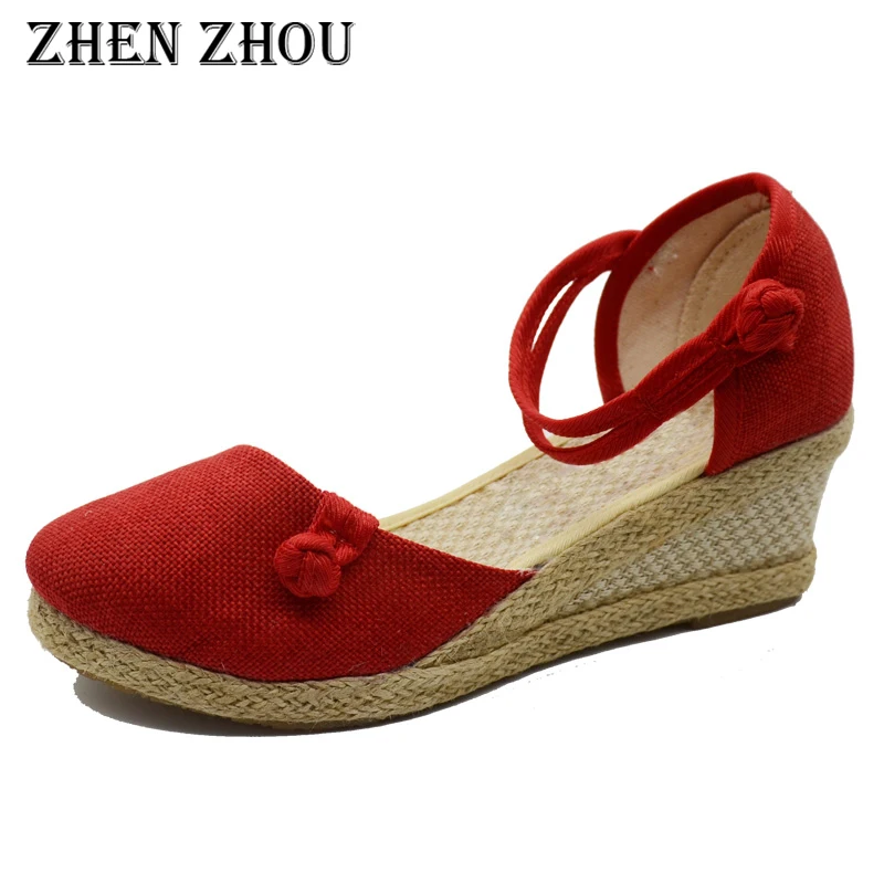 

Zhen Zhou 2018 Women Sandals Casual Linen Canvas Wedge Sandals Summer Ankle Strap Med Heels Platform Pump Espadrilles Shoes