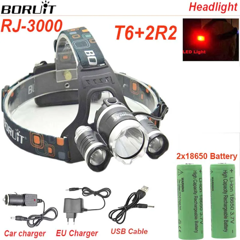  Boruit RJ3000 Headlamp led Headlight 8000lm CREE T6 Waterproof Rechargeable 18650 LED light 18650 battery car charger 