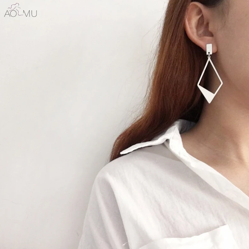 

AOMU Trend Temperament Gold Silver Metal Geometric Rhombus Irregular Hollow Dangle Drop Earrings for Women Girl Party Jewelry